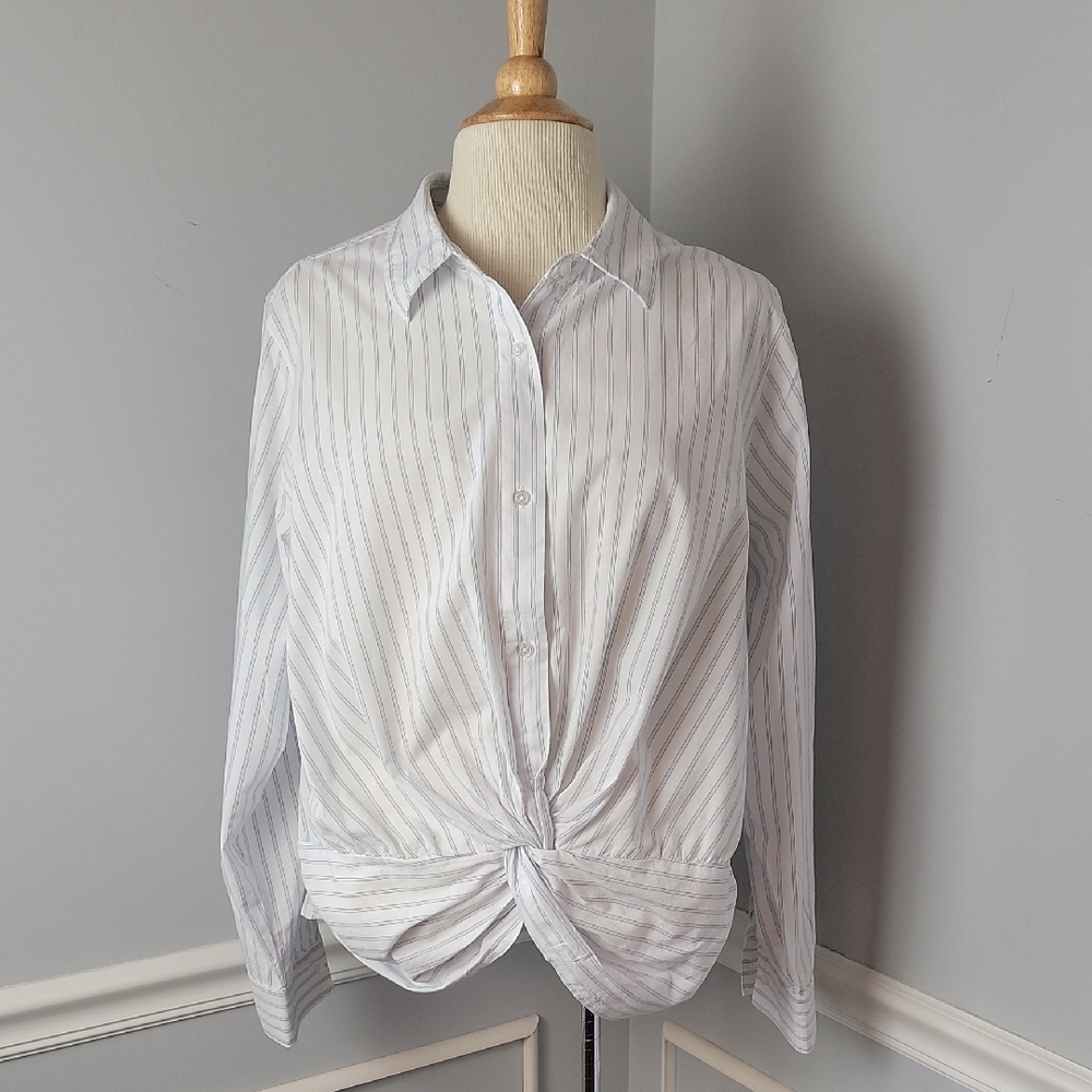 I AM White Blue Striped Faux Knot Preppy Casual Button Down Shirt‎ Blouse XL